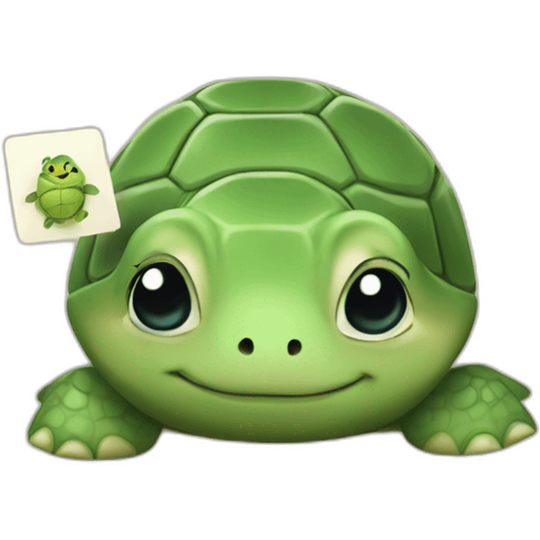 A cute little turtle with a card asking people to calm down emoji