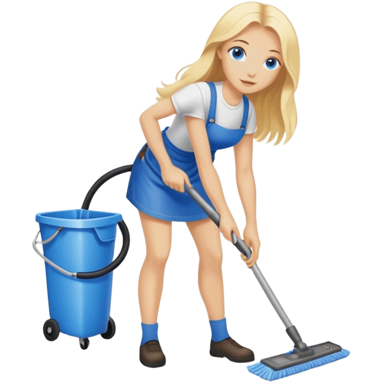 Cinematic realistic blonde with long hair, blue eyes cleans floors emoji