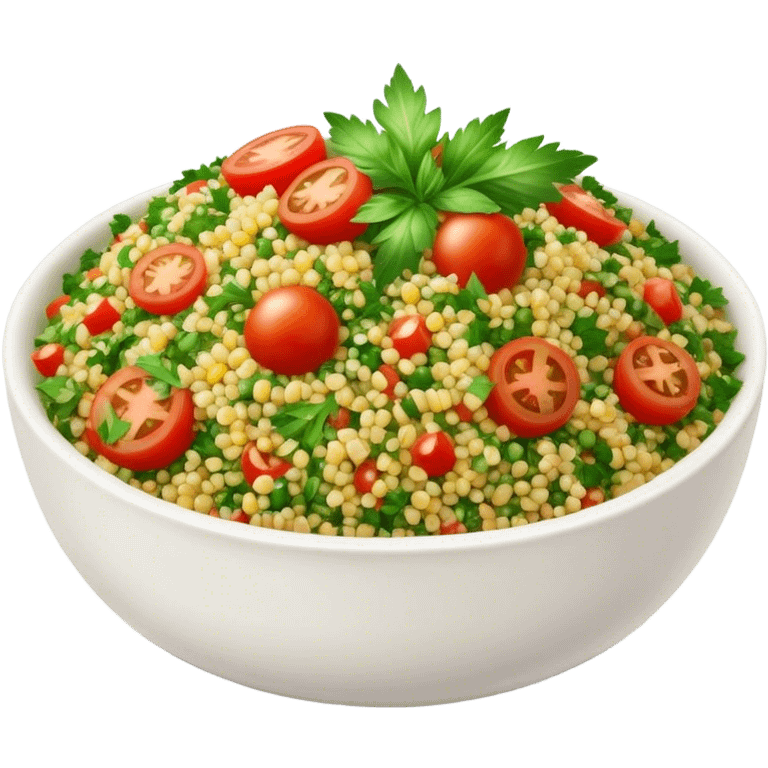 Cinematic Realistic Tabbouleh Salad Dish Emoji, showcasing a fresh herbaceous salad with bulgur, tomatoes, and parsley rendered with crisp textures and natural, vibrant lighting. emoji