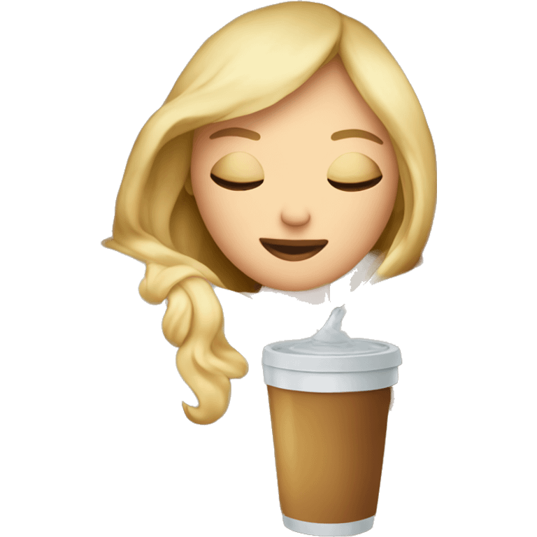 Blonde girl inside a blanket sipping ice coffee eyes closed emoji