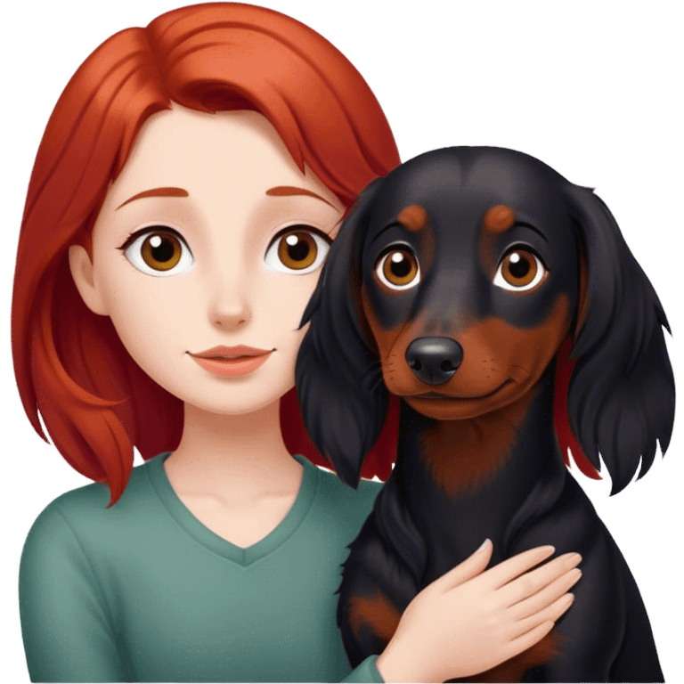 Red haired girl with black long haired dachshund  emoji