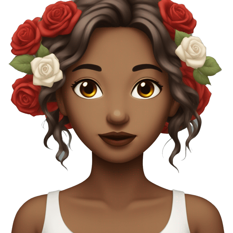 Beautiful, rose, red, flowers in hair, long dark brown hair, white fair skin emoji