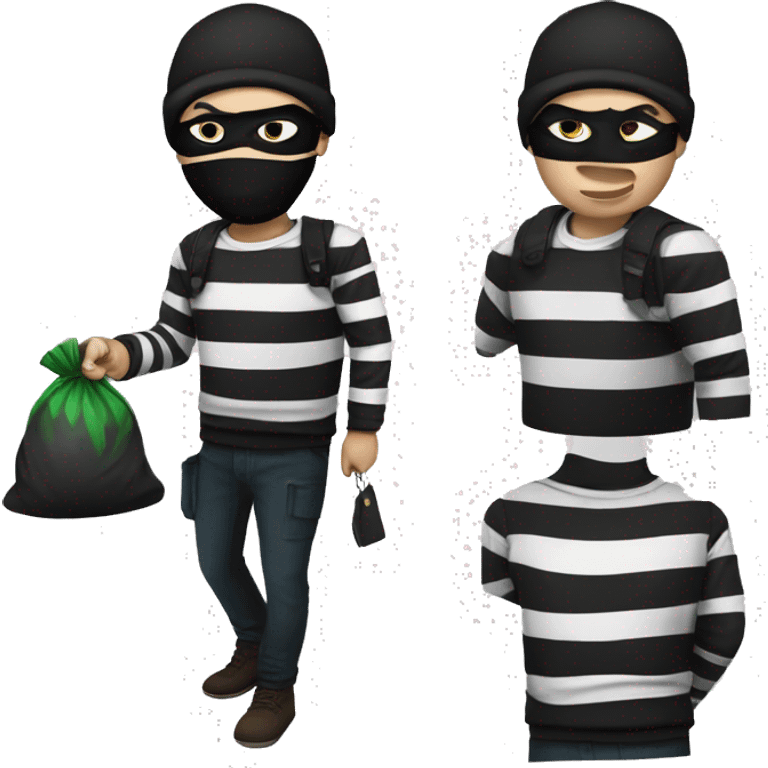 robber, black and white striped shirt, black mask, money bag, black beanie emoji