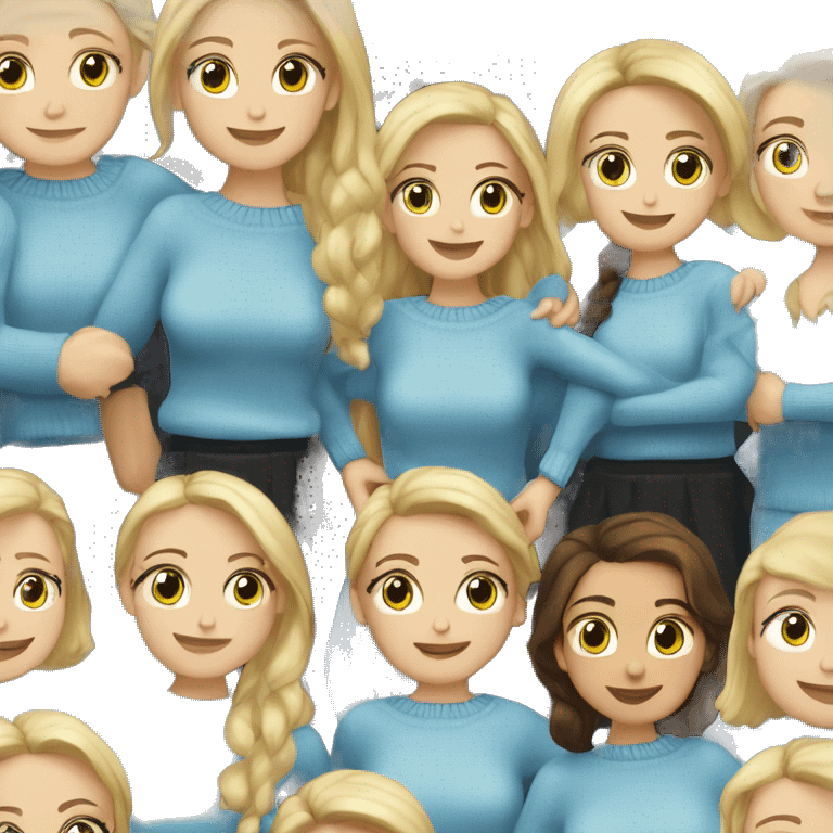 Blonde caucasian girl wearing light blue sweater ,hugging, dark-haired Caucasian girl wearing black sweater emoji