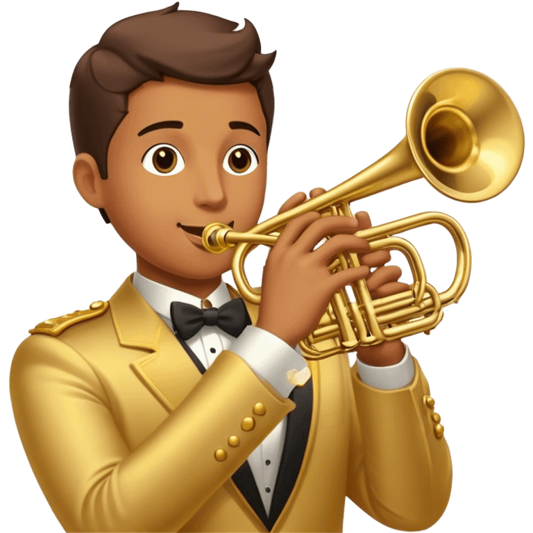 Cinematic Realistic Trumpet, polished brass with warm golden reflections, intricate valve details subtly highlighted, soft hands pressing the keys, glowing with bold and triumphant musical energy. emoji