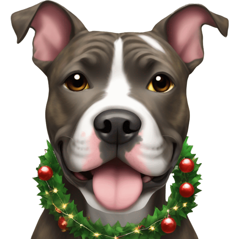 All brindle pittie wearing a Christmas wreath and Christmas lights around neck emoji