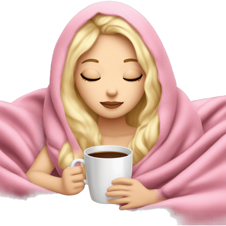 white blonde girl inside a pink blanket sipping coffee eyes closed emoji