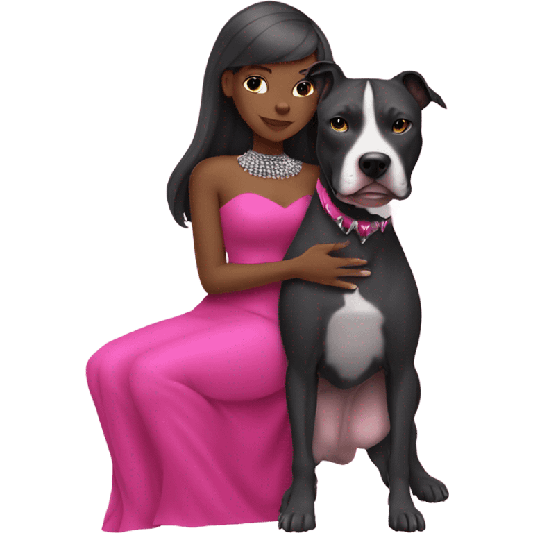 Black lady with black hair wearing hot pink dress hugging large all grey pitbull with spiked pink collar emoji