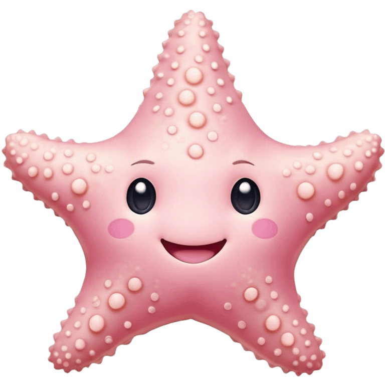 Cinematic cute round starfish, pastel pink, soft bumpy texture, tiny happy face, slightly tilted, glowing warmly, sparkling with gentle ocean magic. emoji