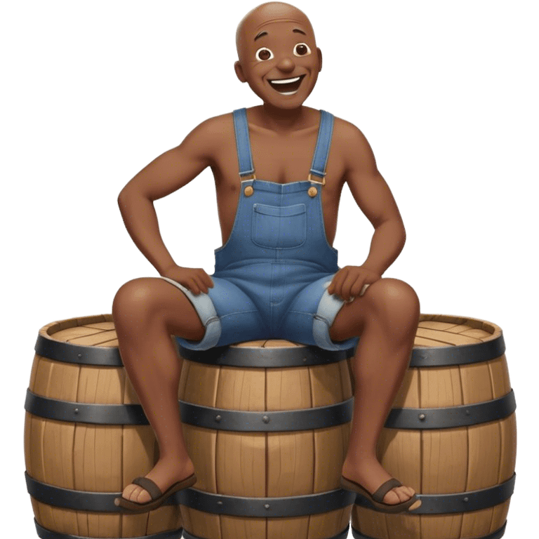 Side view Laughing telling story Old bald black man sitting on top of barrel wearing overalls no shirt emoji