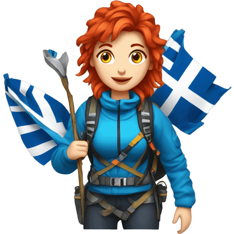 Female winter mountain climber red hair climbing with Greek and EU flags and Easter eggs basket emoji