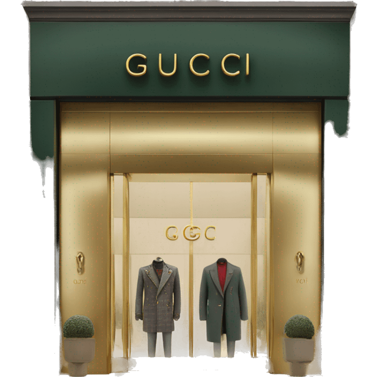 “Gucci store exterior with gold logo above entrance, large glass windows displaying luxury fashion, and elegant double doors.” emoji