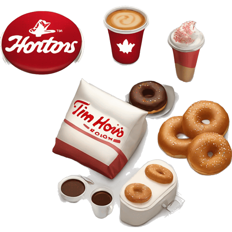 “Tim Hortons store with a red and white color scheme, featuring the classic Tim Hortons logo, a warm and welcoming design that represents a popular coffee and donut shop.” emoji