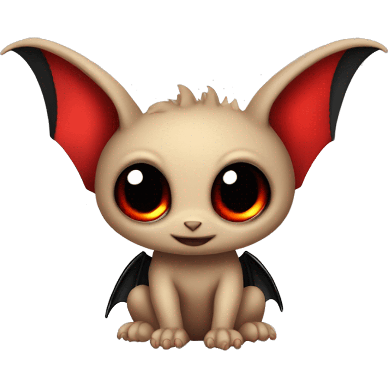 baby bat dragon tan body with lighter fur black paws and black wings with red in the inside of the wings big eyes red horns with black ears with tan color inside of them  emoji