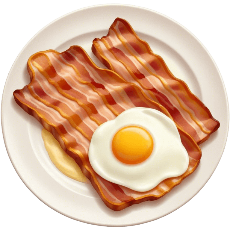 Cinematic crispy sizzling bacon, slightly curled, golden-brown with a perfect crunch, glistening with rich flavor, deep warm tones, served on a breakfast plate, comforting and indulgent. emoji