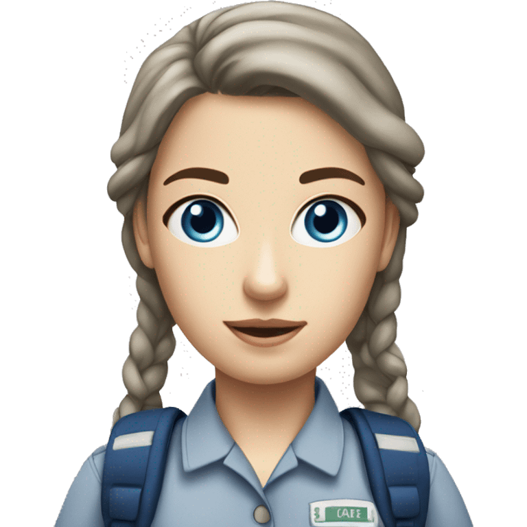 a white girl walking with a backpack on her back blue eyes in uniform emoji