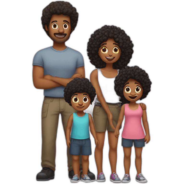 Une famille avec un père qui est gros avec les cheveux noirs et une mère au cheveux courts et avec leur 2 filles, la première avec les cheveux marron et la deuxième avec les cheveux noir  emoji