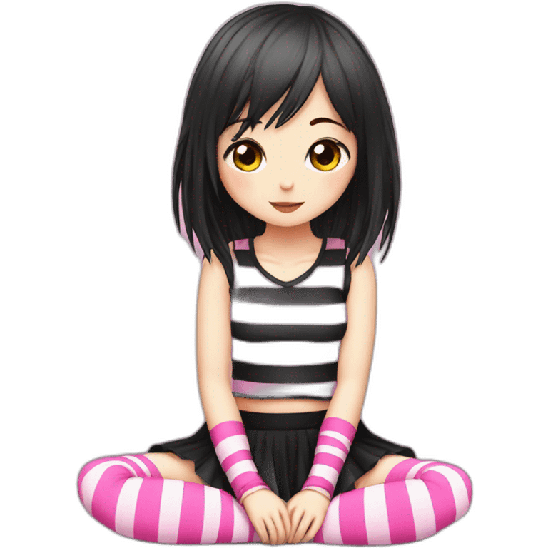 full body Front view emo girl sits on the floor black skirt pink knickers striped stockings emoji