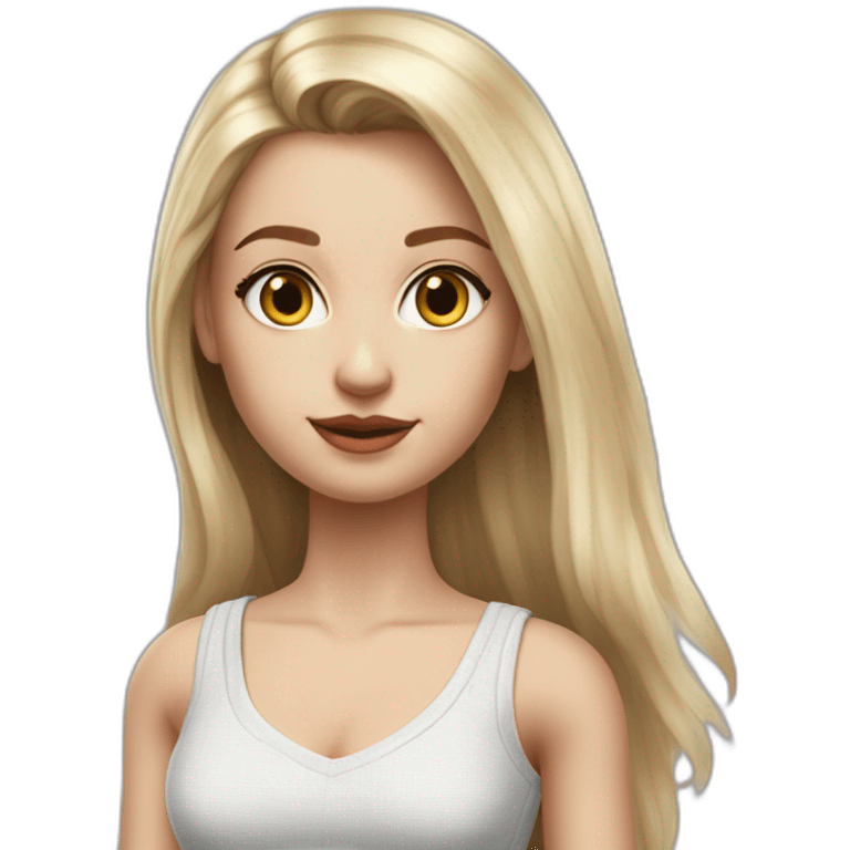 hyperrealist caucasian girl, long straight blonde hair, white v-neck laced crop top, grey mini pencil skirt emoji