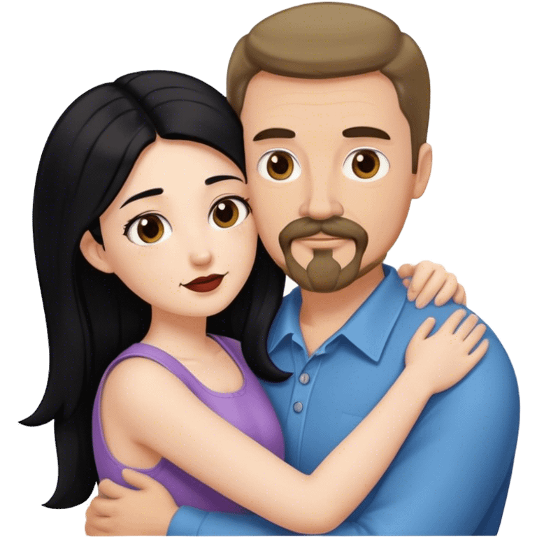 Tall white man with brown mustache and goatee hugging a short pale woman with long black hair emoji