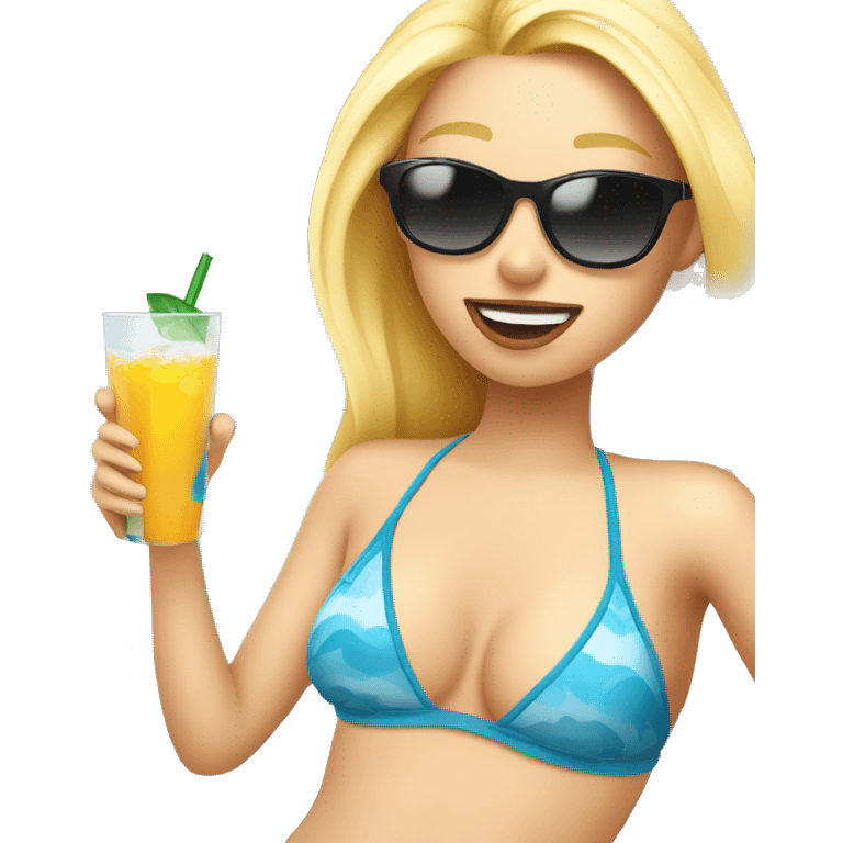 Blond girl wearing bathing suit and sunglasses sipping a drink emoji