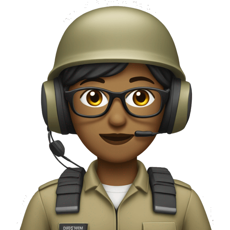 operator dressed in khaki color with a milatary helmet, with glasses, with headset, preferably female black emoji