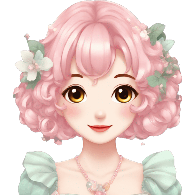 Gorgeous anime style lady with blushing face and accessories cottagecore fairycore Kawaii anime colorful pearly romantic aesthetic trending style emoji