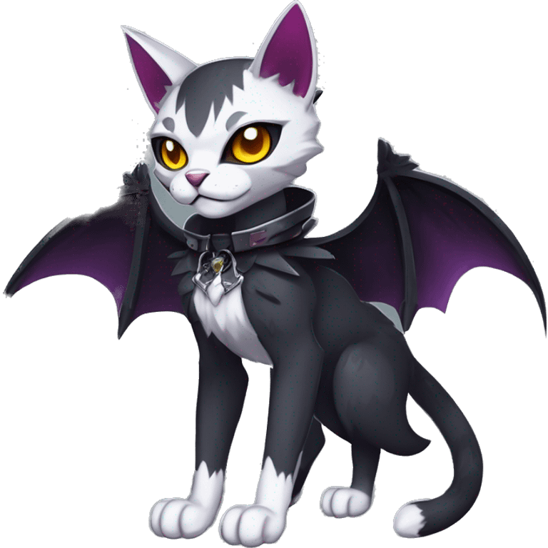   cool edgy beautiful anime-style ethereal dark-punk-themed animal vampiric cat-hybrid Fakemon with fangs and bat-wing-ears with a collar full body emoji