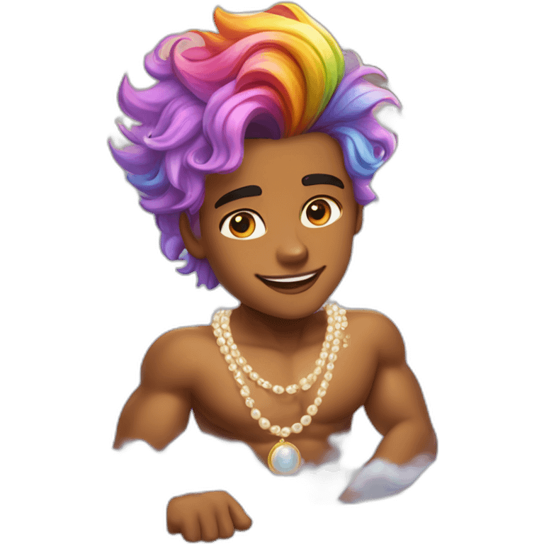 posh-muscle-boy-with-pearl-necklace-and-rainbow-unicorn-hair-in-golden-bathtub emoji