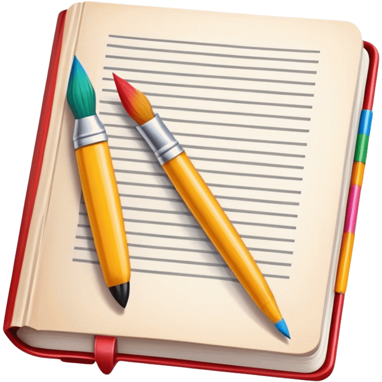 icon for Illustration hobbie, paintbrush and pencil under book's illustrated page, there's a colourful picture on the page, simple lines, minimalistic style, transparent background. emoji