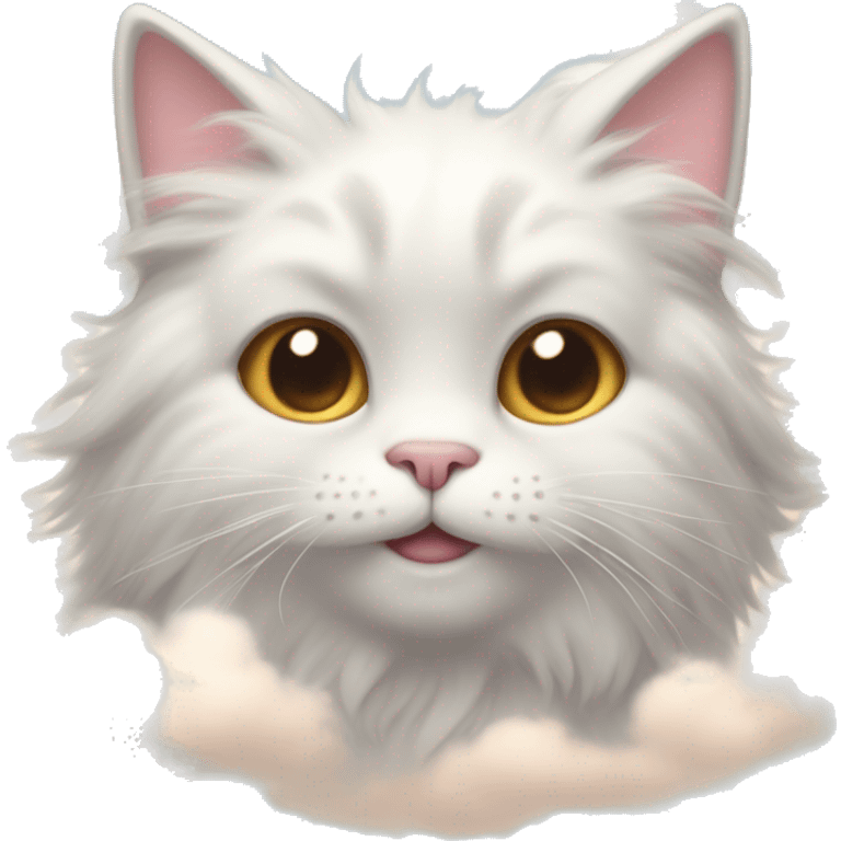 A fluffy cat with cloud-like fur, small angelic wings, flying in a pastel sky with soft clouds and a cheerful expression. emoji