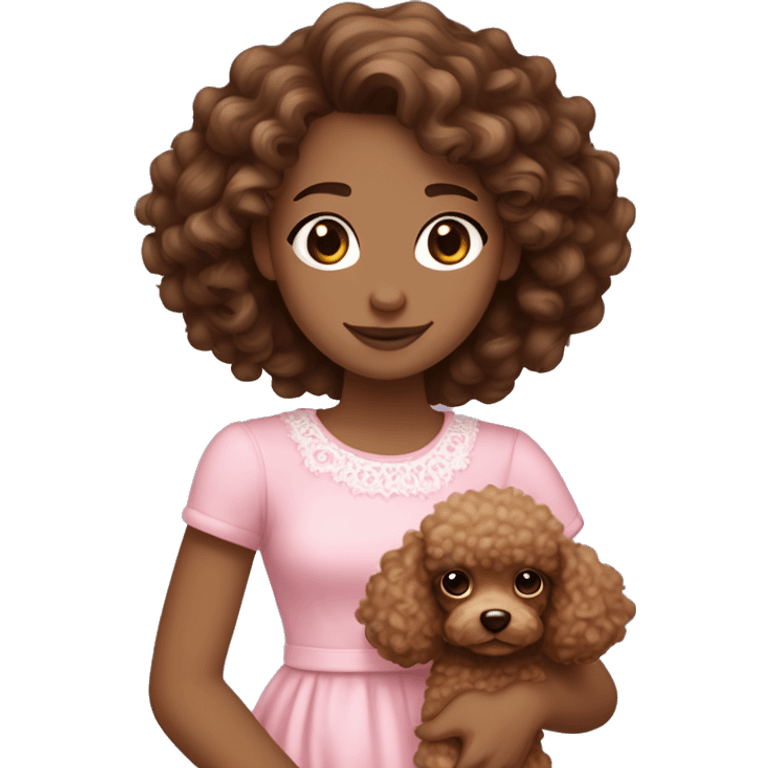 16 year old girl with brown medium length curly hair with white skin brown eyes and she is wearing a pink dress she is also holding a tiny poodle which is light brown with brown eyes￼   emoji