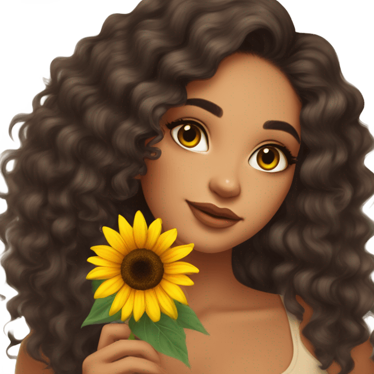 Pretty tan skin Latina with long dark curly hair . Very pretty cat eye makeup . Shes holding a sunflower in her hand  emoji