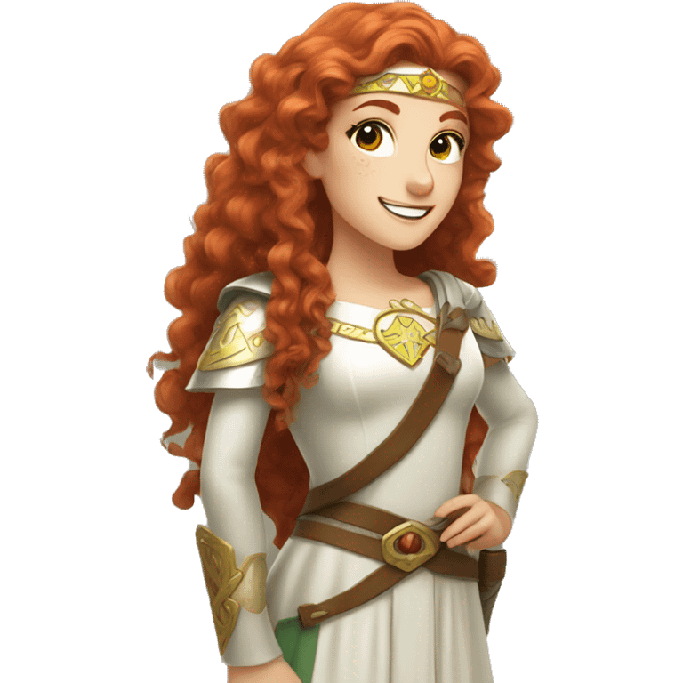 a white girl with long red curly hair and freckles, cosplaying Princess Zelda posing and smiling emoji