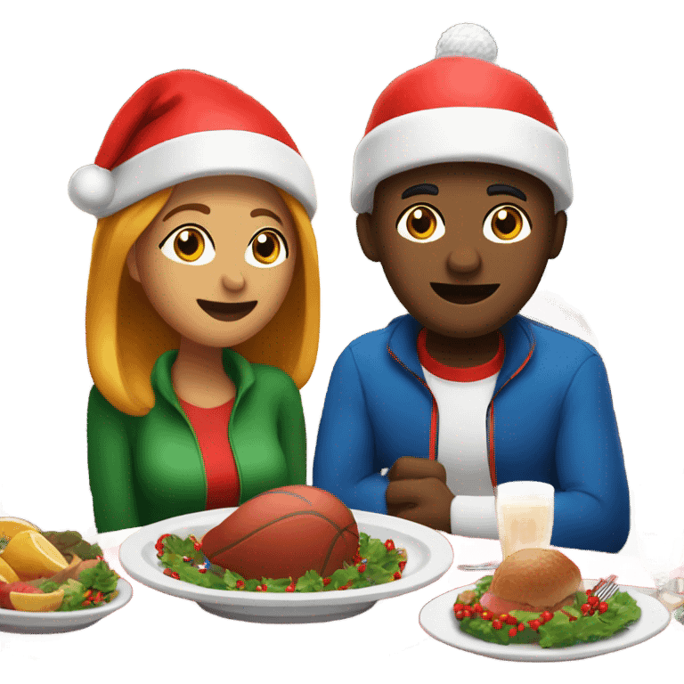 Sports emoji couple, man and woman in sportswear, sitting at the New Year's dinner table with a red Christmas hat emoji