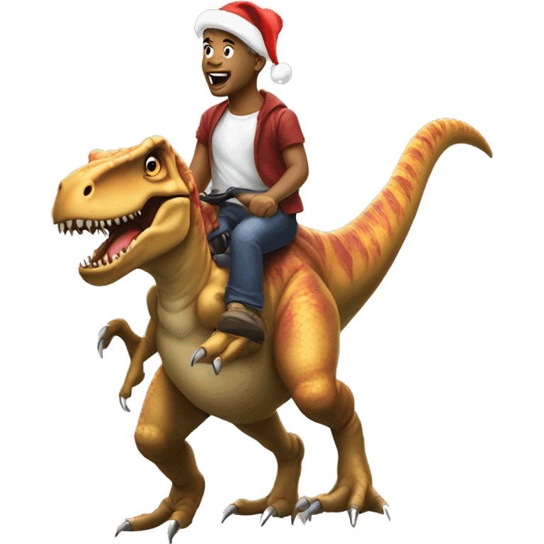 Me riding a T Rex with Santa hats on both emoji