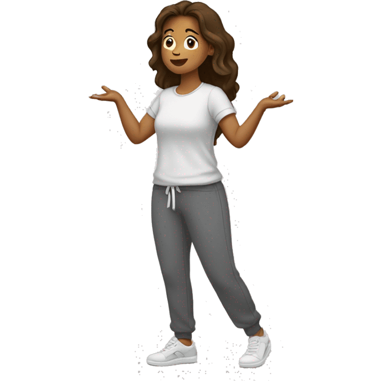  Side profile of A woman in sweatpants and a t shirt standing up, full body view she is holding her arms out as if se is handing someone something, brown hair side profile, lookin from the Left side comepletly emoji