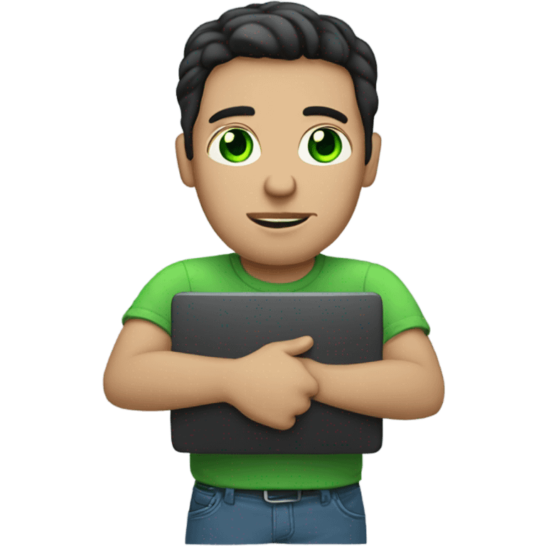 a man with green eyes, dark hair, light skin, a computer in his hands emoji