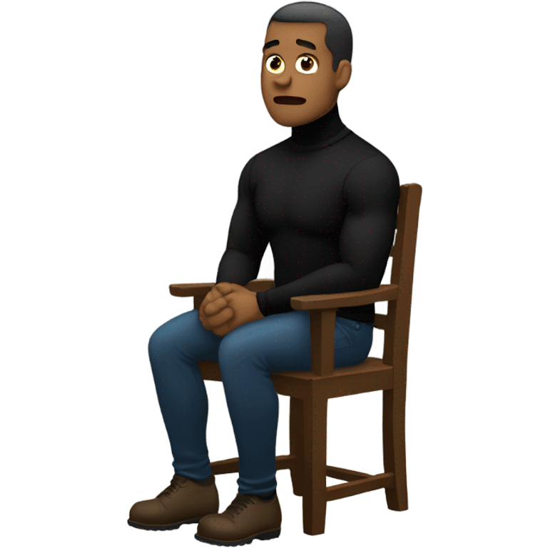 muscle man in black turtleneck shirt and black pants sitting depressed in chair emoji