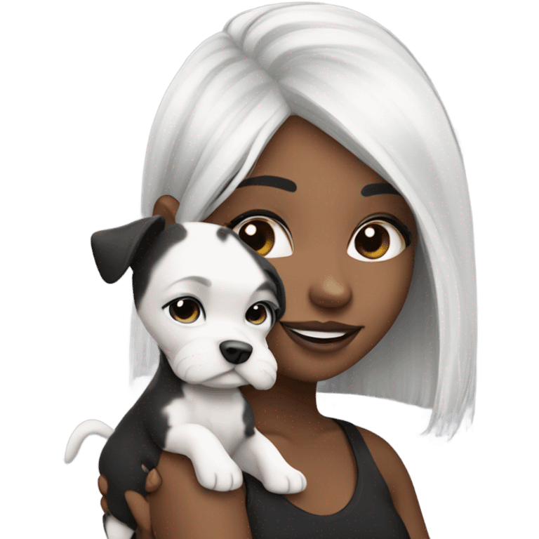 Platinum haired girl with black and white puppy emoji