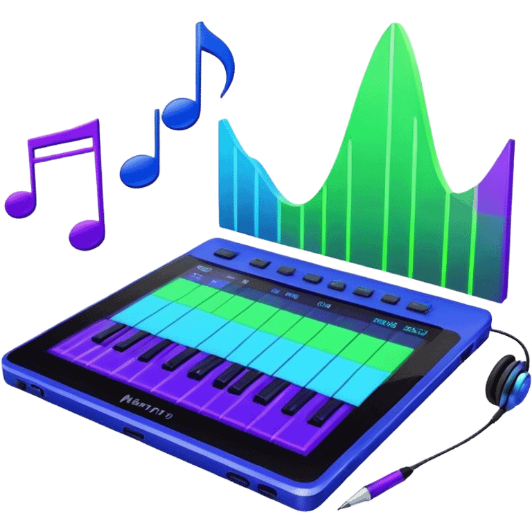 Create a creative and inspiring emoji that represents writing music tracks. The design should feature musical notes, a pen or pencil, and a digital audio workstation (DAW) interface or a computer screen with a visible waveform, symbolizing the process of composing and arranging a track. Add elements like a metronome or a pair of headphones to reflect the recording and editing aspects. Use vibrant colors like electric blue, purple, or neon green to represent creativity and innovation in music production. The background should be transparent. emoji