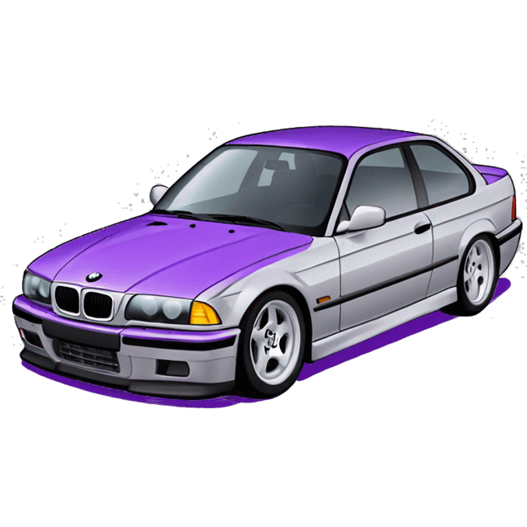 A bmw e36 in light gray colour and purple stickers and purple under lights emoji