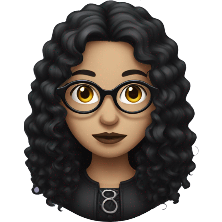 a gothic girl with long black curly hair and circular glasses emoji