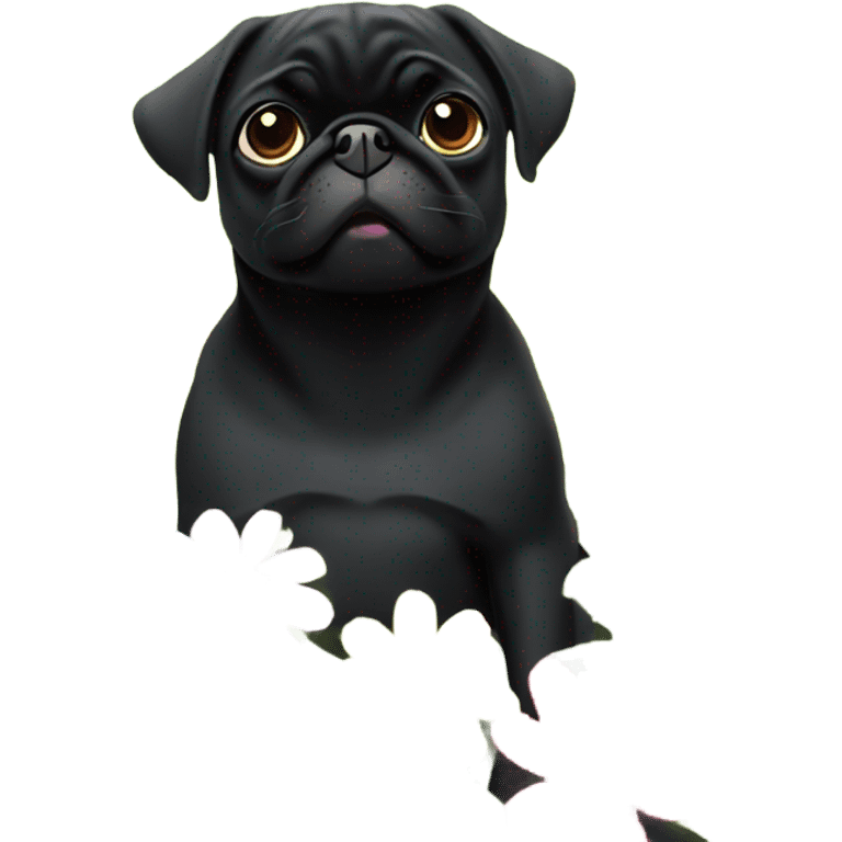 Black pug , surrounded by flowers, holding a green sign that says “good luck”  emoji