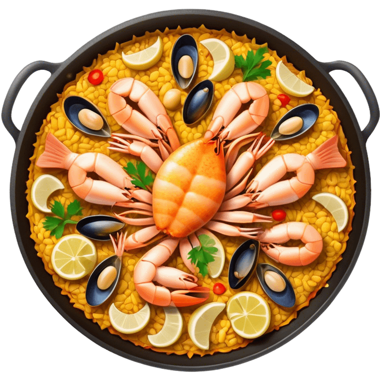 Cinematic Realistic Paella Dish Emoji, depicted as a vibrant, aromatic rice dish loaded with seafood, chicken, and saffron rendered with rich textures and dynamic, warm lighting. emoji