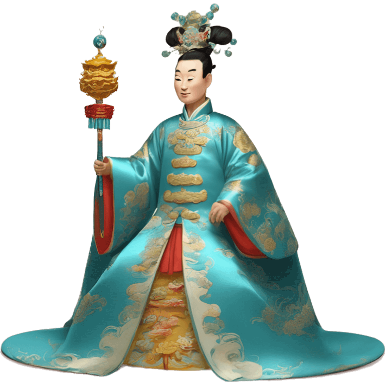 Qianlong, Qing dynasty's emperor, is recognized by his majestic attire: dragon-adorned imperial robes, a court headdress, and a ceremonial scepter. 🐉👑 emoji