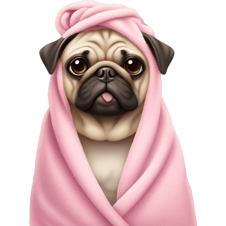 beige pug dog with a pink towel on its head and boba emoji