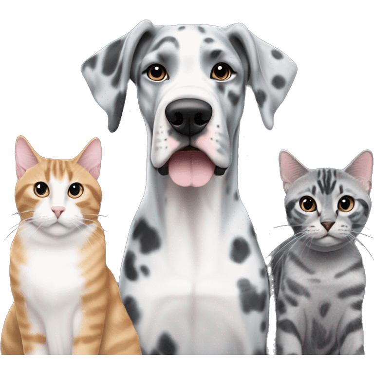 Blue Merle Great Dane next to two tabby cats and one black cat emoji