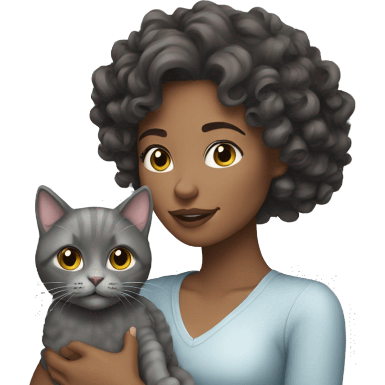 pretty curly brunette woman holding grey cat emoji