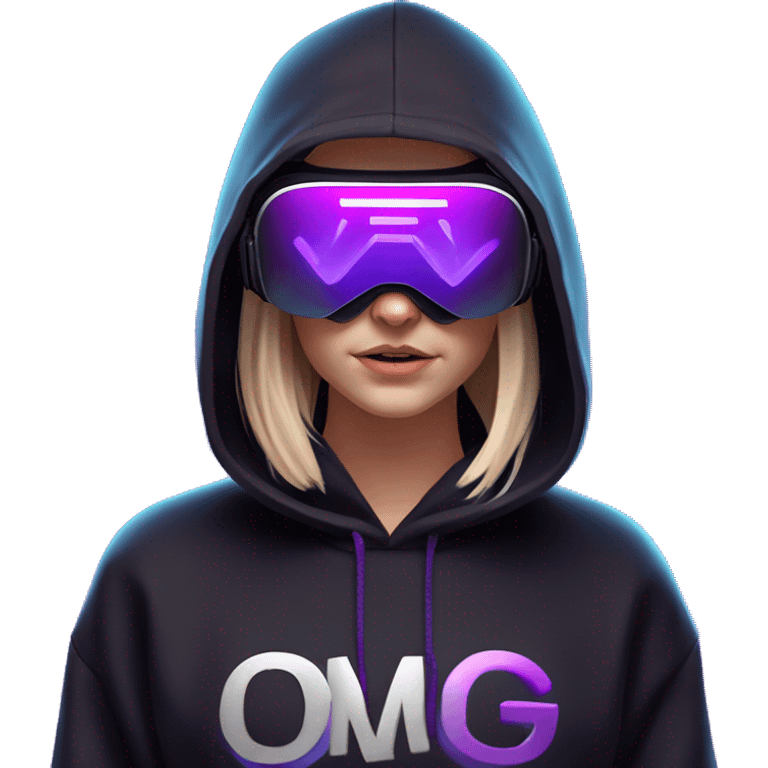 Russian girl wearing black hoody with violet letters "OMG", in vr headset oculus quest2. Standing like jedi. Cyberpunk style. Violet neon. emoji